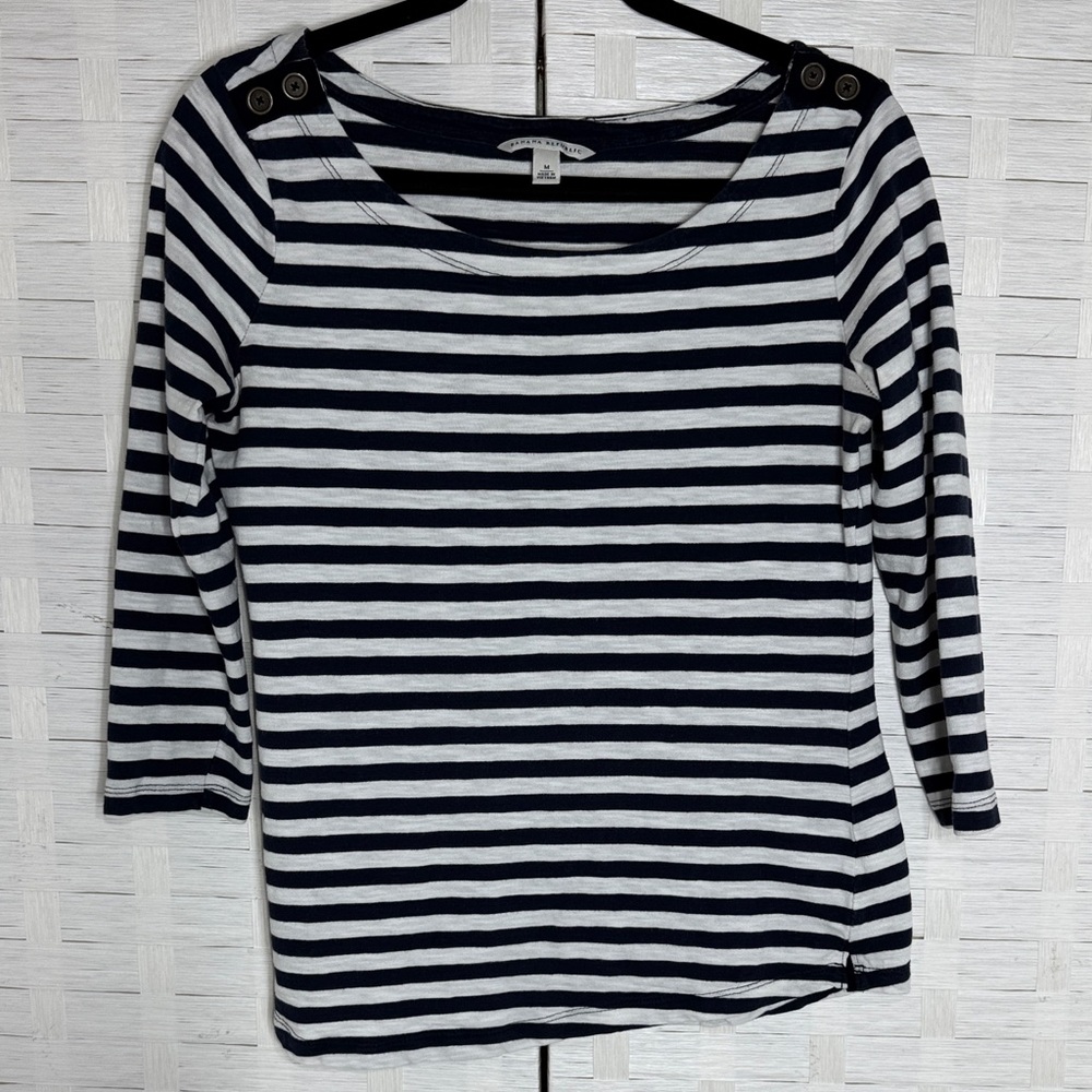 Banana Republic Blue/White Striped Boat Neck w/Button Detail 3/4 Sleeves Size M
